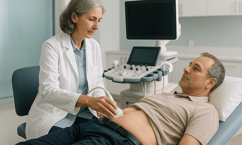Doctor performing an ultrasound exam on a male patient in a hospital room.
