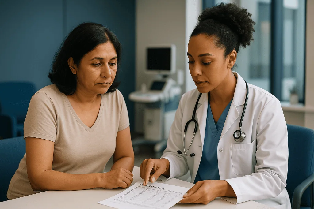 Doctor reviewing medical chart with patient in clinic: Liver function test results explained: ALT, AST, ALP and bilirubin