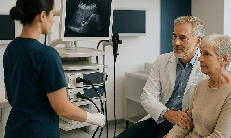 Doctor explaining liver ultrasound to elderly woman in hospital.