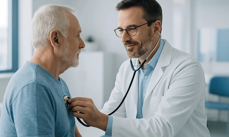 Doctor examining senior patient with stethoscope in hospital.