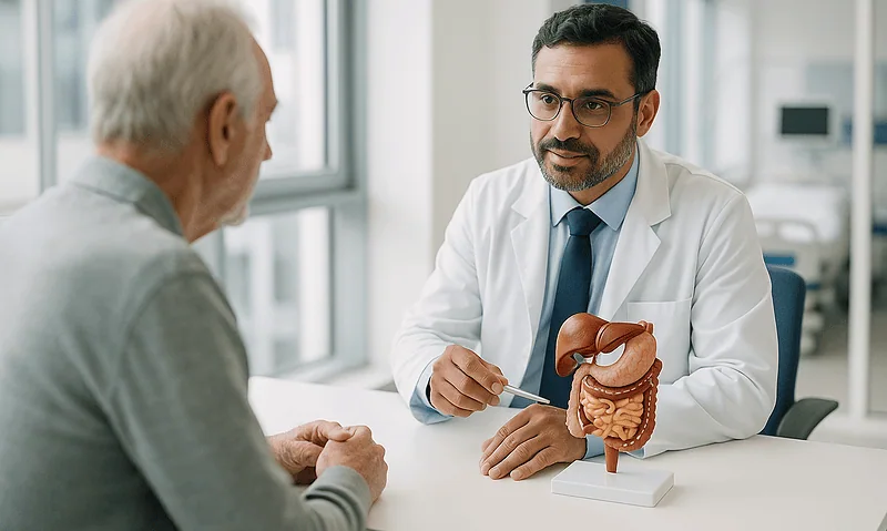 Doctor explaining liver anatomy to senior patient in a medical consultation.