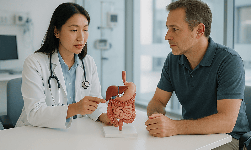 Doctor explains liver transplant recovery to patient with model of digestive system.