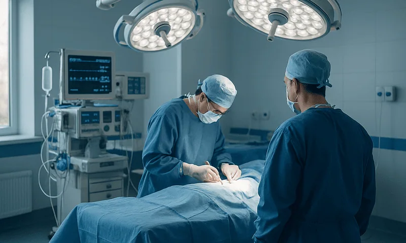Surgeons performing a liver transplant in an operating room.