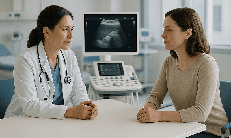 Doctor discussing ultrasound results with a patient in a hospital setting.