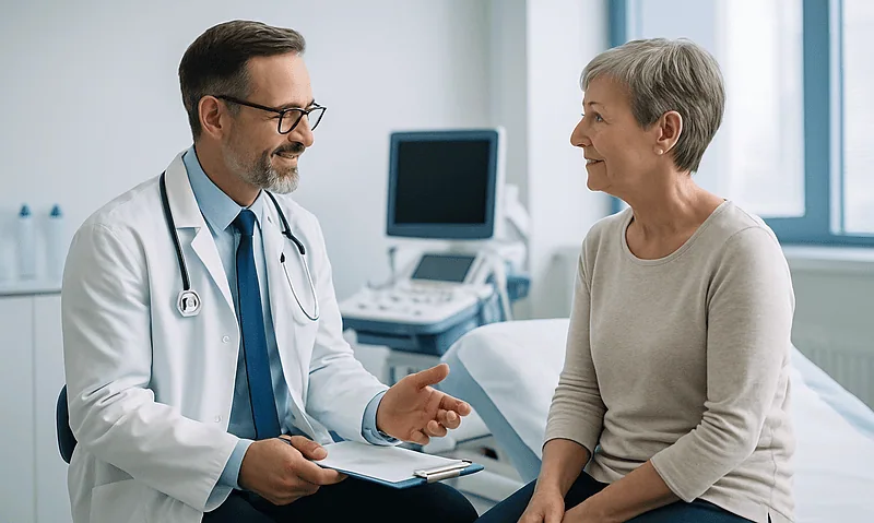 Doctor consulting with a patient in a hospital room.