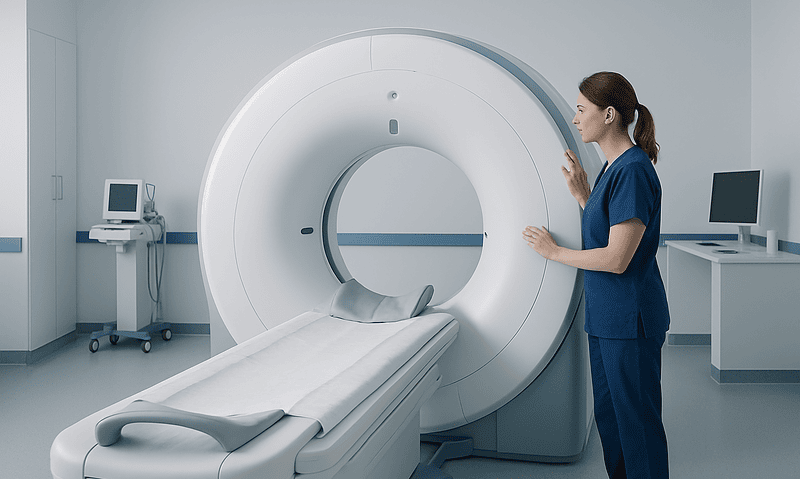 Medical professional preparing MRI scanner in hospital room.
