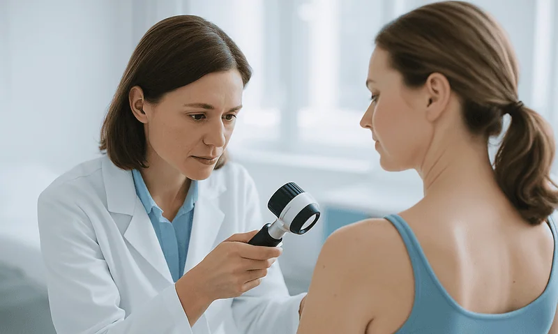 Doctor examining a young woman's back with a handheld device at a hospital.