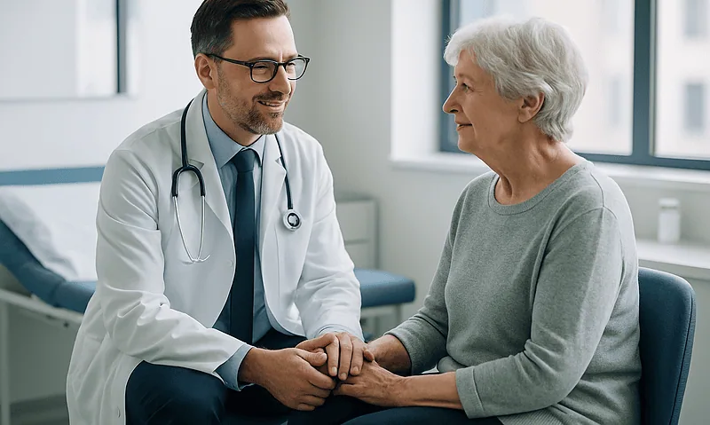Doctor holding elderly woman's hand during consultation at hospital.