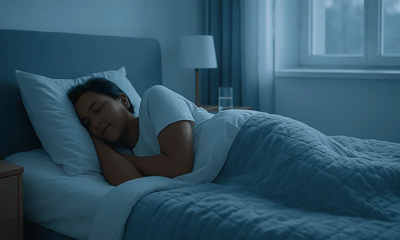 Young woman sleeping peacefully in a bedroom with blue tones.