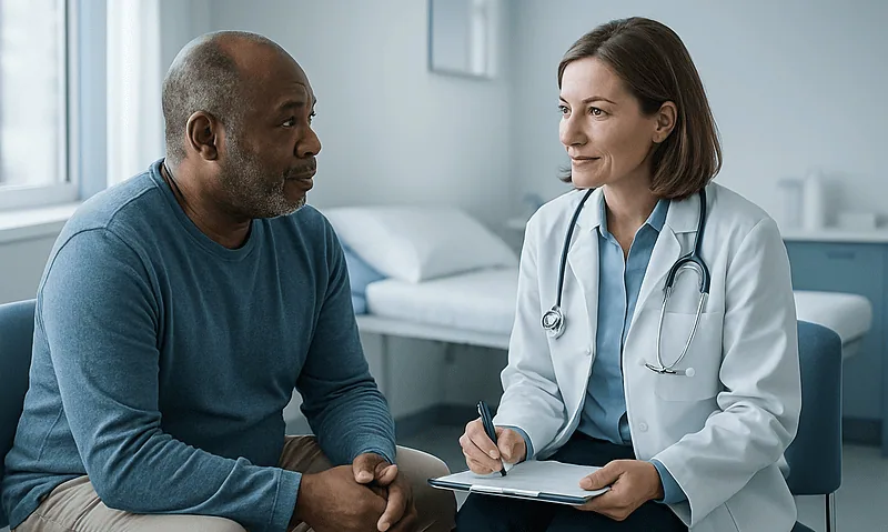 Doctor consulting with a patient in a medical office setting.