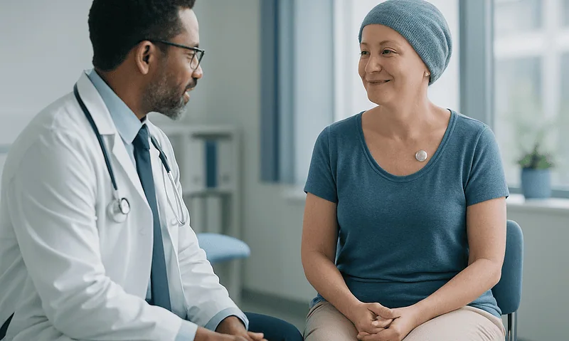 Doctor consulting with a patient with a central venous port in a hospital.