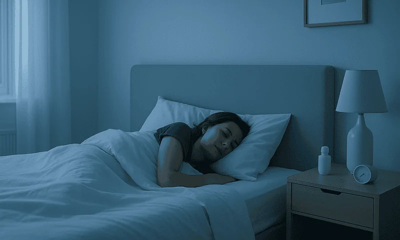 Young woman resting peacefully in bed in a calm, blue-lit bedroom.