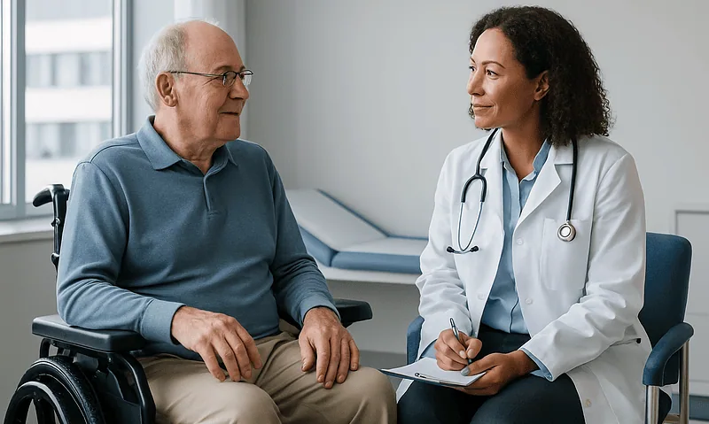 Doctor consulting with elderly male patient in wheelchair at hospital.
