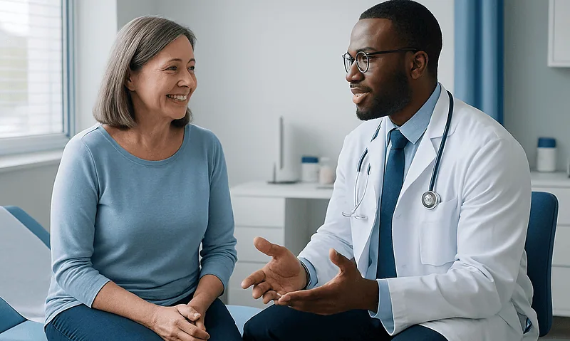 Doctor consulting with a female patient in a medical office.