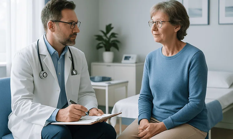 Doctor consulting with a female patient in a medical office setting.