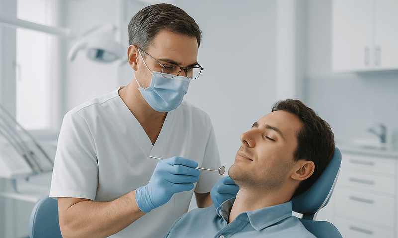 Dentist performing dental examination on patient in clinic.