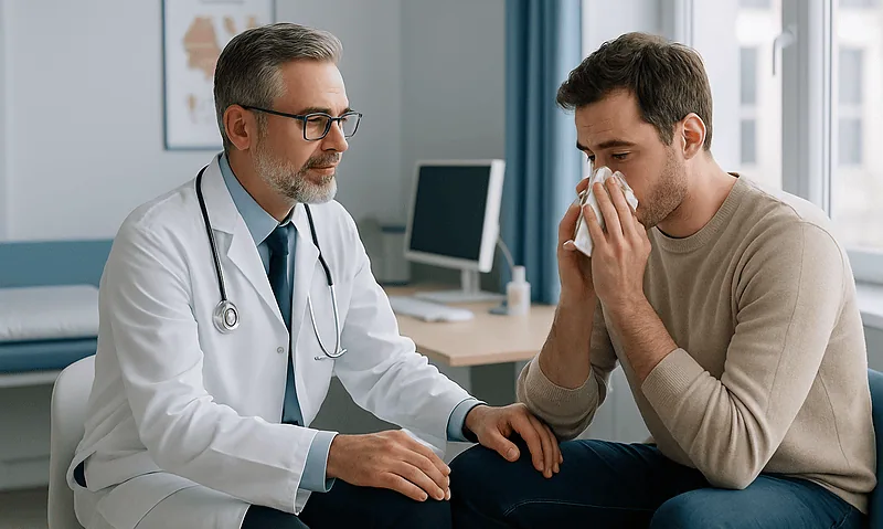 Doctor examining patient with allergy symptoms in clinic.