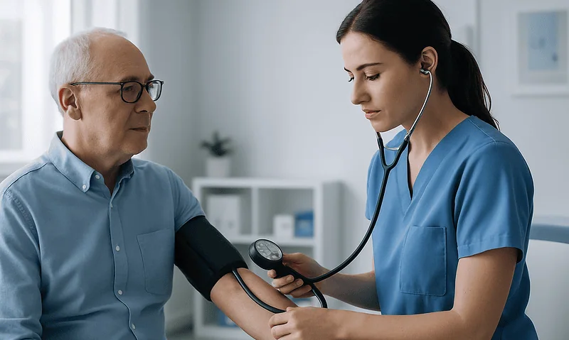 Doctor measuring senior man's blood pressure in clinic setting.