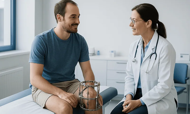 Doctor discussing external fixator with patient during deformity correction.