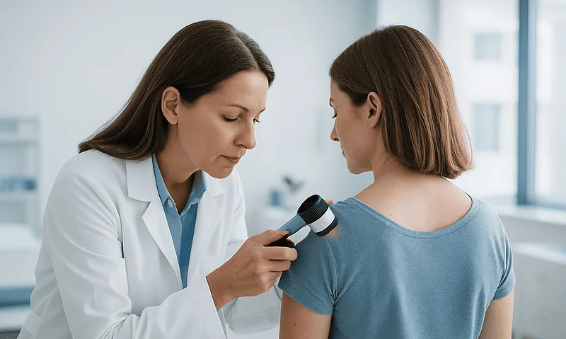 Doctor examining a patient with an implantable hearing aid in a clinical setting.