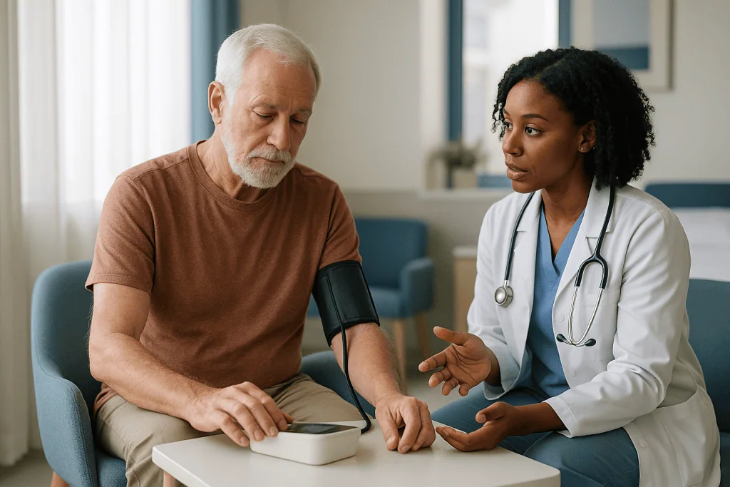 Doctor measuring blood pressure of elderly male patient: Living with aortic disease: why blood pressure is the lever you act