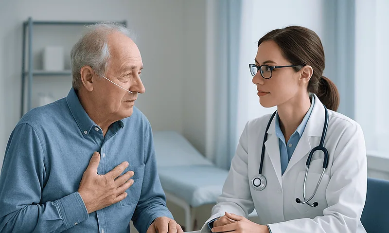 Doctor consulting with elderly patient in a medical office.