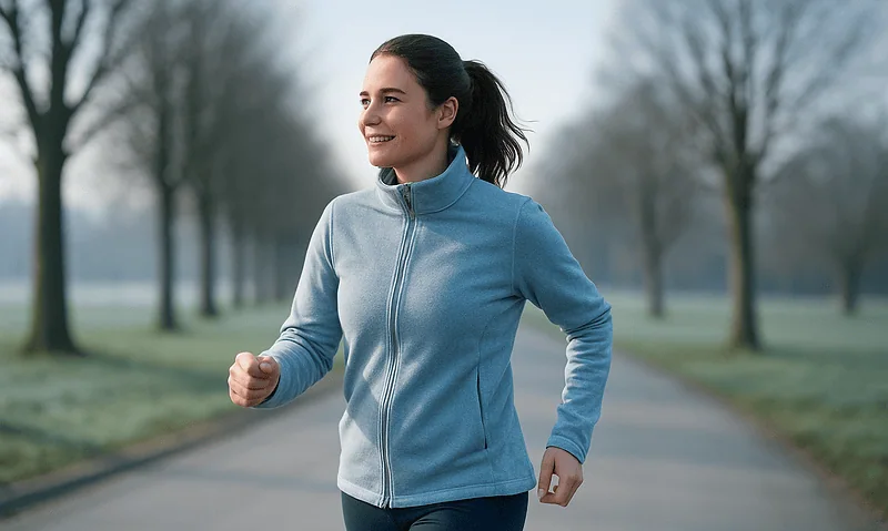 Young woman jogging outdoors in a park during early morning.
