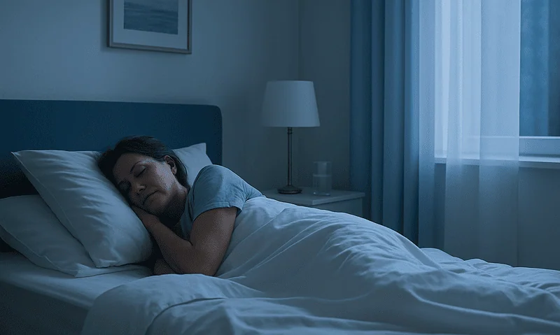 Woman sleeping peacefully in a dark bedroom with a night guard.