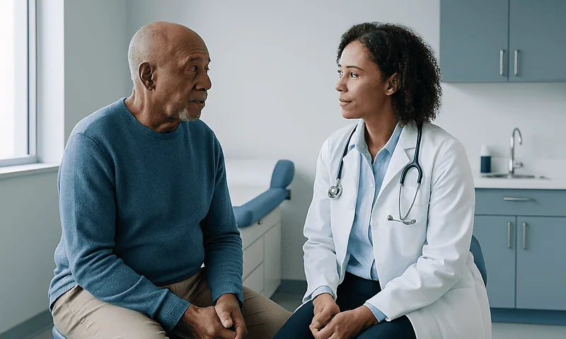 Doctor consulting with an elderly patient in a medical office.