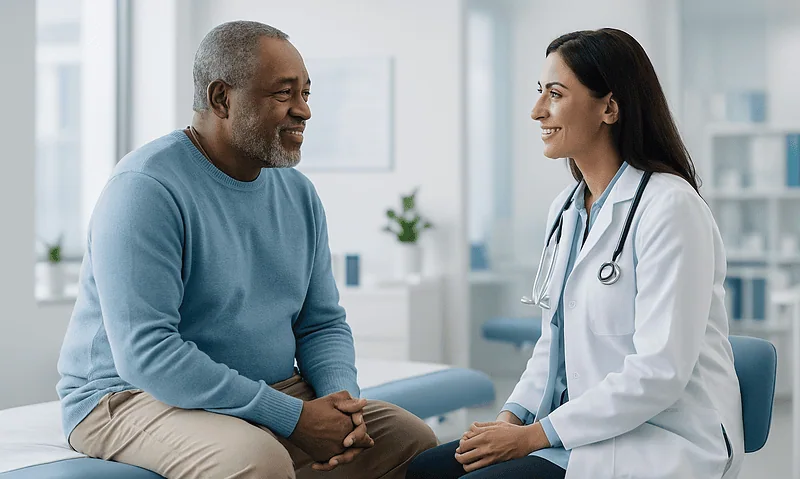 Doctor consulting with an elderly male patient in a medical office.