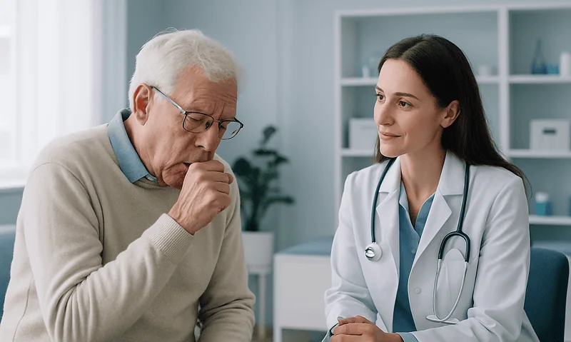 Doctor consulting with elderly patient in a medical office.