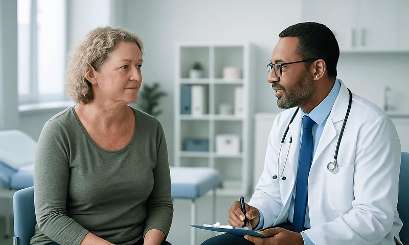 Doctor consulting with a middle-aged woman in a medical office.