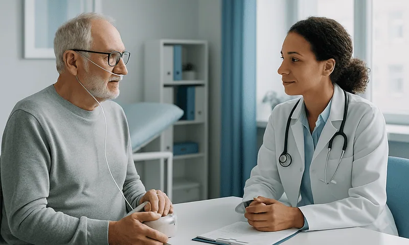 Doctor consulting with elderly patient in hospital room.
