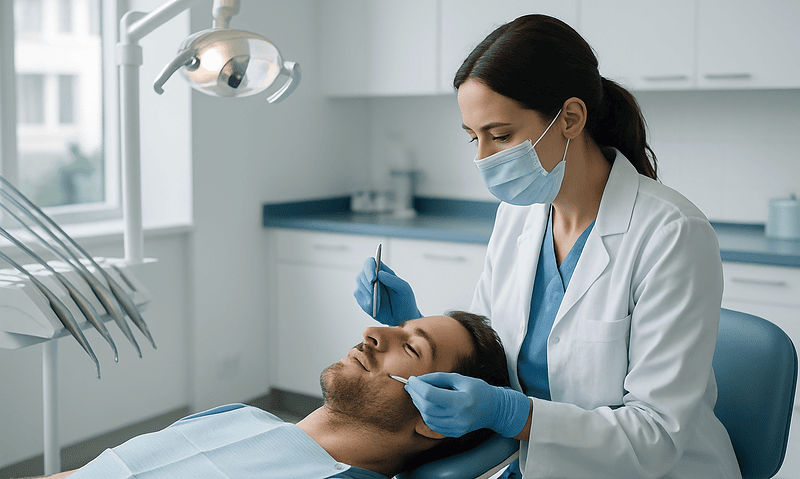 Dentist examining a patient's mouth in a dental clinic setting.