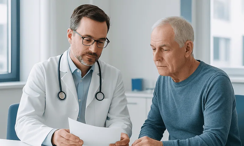 Doctor consulting with an elderly patient in a medical office.
