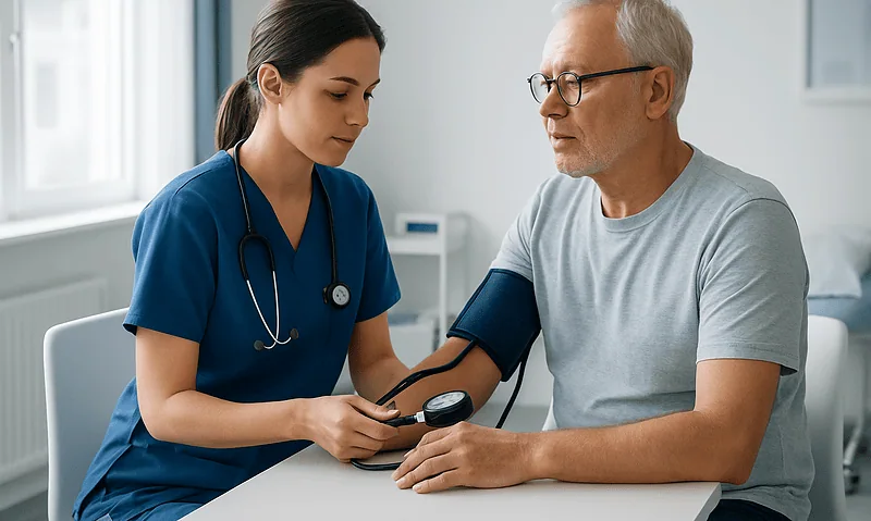 Nurse measuring blood pressure of an elderly male patient in a hospital.