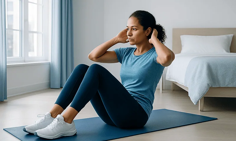 Woman doing sit-ups on a yoga mat in a bright bedroom.