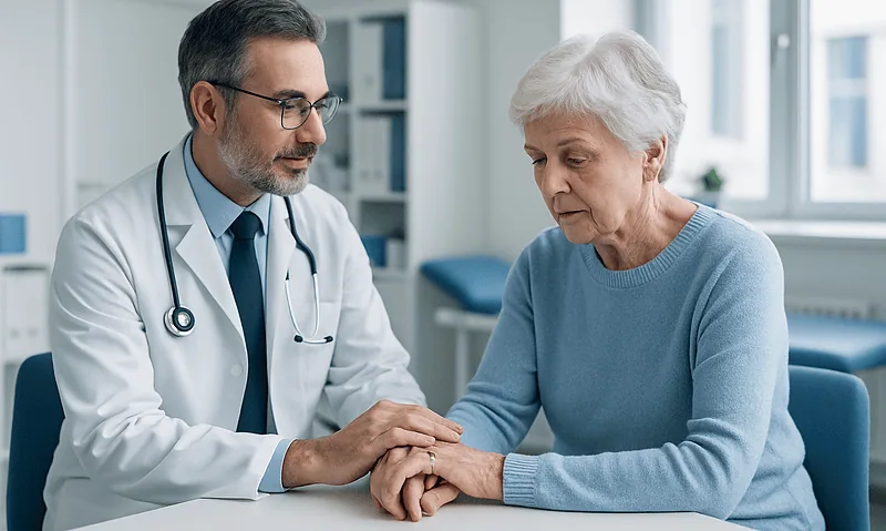 Doctor consulting with elderly woman about essential tremor symptoms.