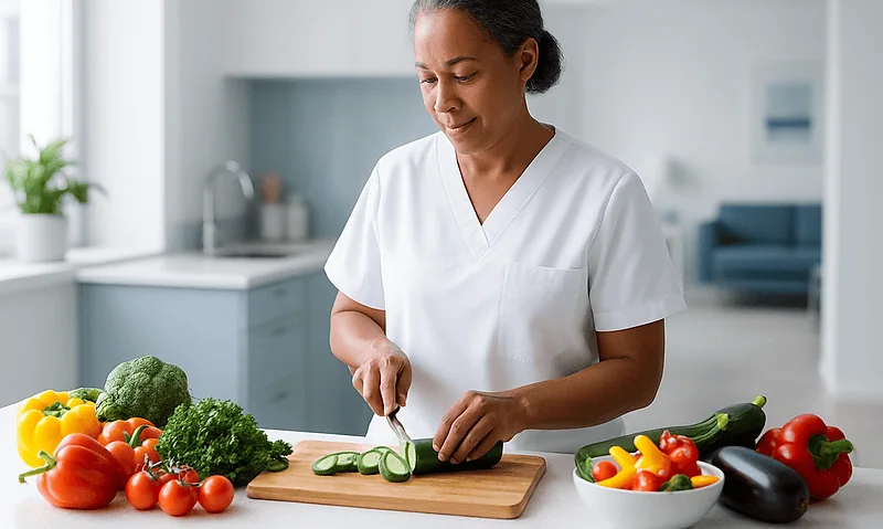 Living With Gout: Water, Alcohol, Purine-Rich Foods and What Your Doctor Actually Advises 2 Woman preparing fresh vegetables in a modern kitchen for a healthy diet.