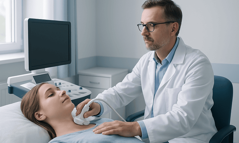 Doctor performing an ultrasound on a patient in a medical clinic.