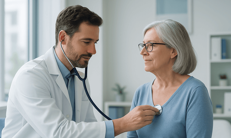 Doctor listening to an elderly woman's heartbeat with a stethoscope.