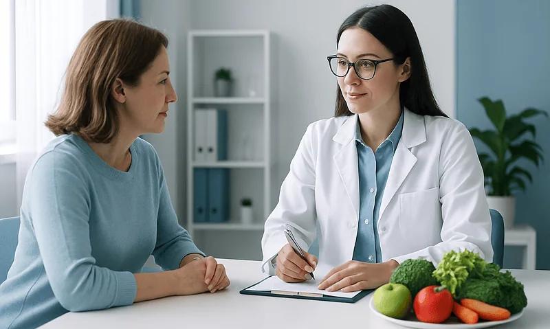 Doctor consulting with a patient about diet and health in a medical office.