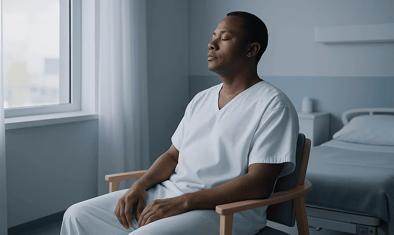 Patient meditating in a hospital room for stress relief and wellness.