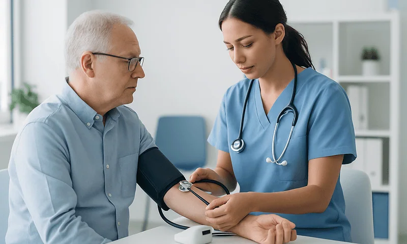 Nurse measuring senior man's blood pressure in a medical clinic.