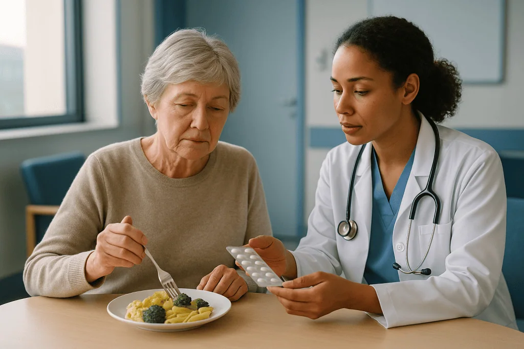 Doctor consulting elderly patient about medication and food — Living with myasthenia gravis day to day: why the fluctuation i