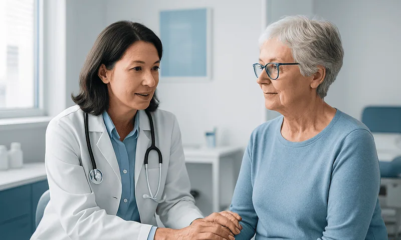 Doctor consulting with elderly patient in a medical office.