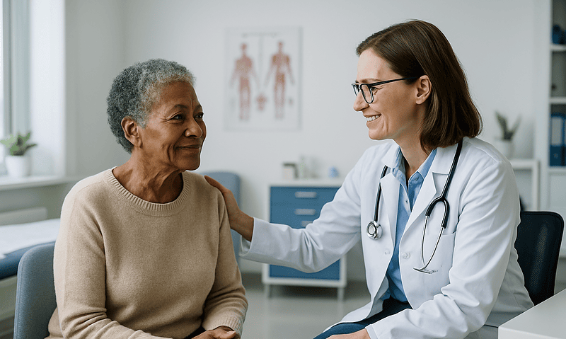 Doctor consulting with an elderly patient in a medical office.