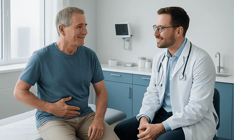 Doctor consulting with a male patient in a hospital room.