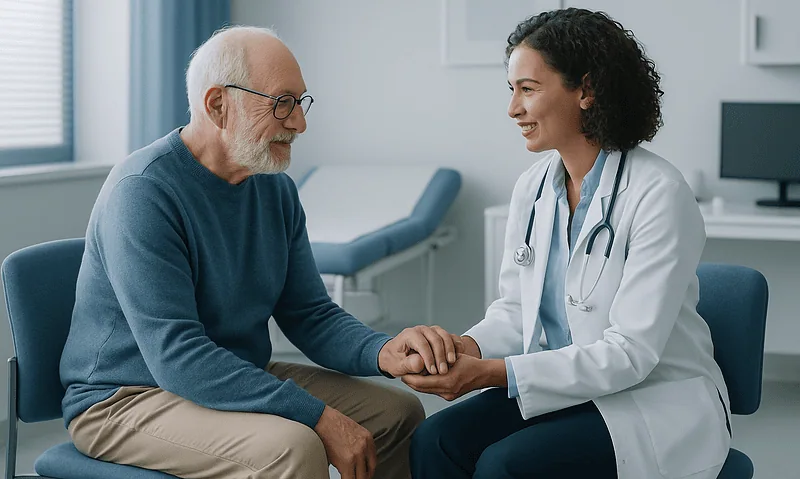 Living With Peripheral Neuropathy: Foot Care, Balance Training and Daily Safety 5 Doctor consulting with elderly patient in a medical office.