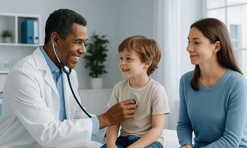 Doctor examining a young boy with a stethoscope in a clinic setting.